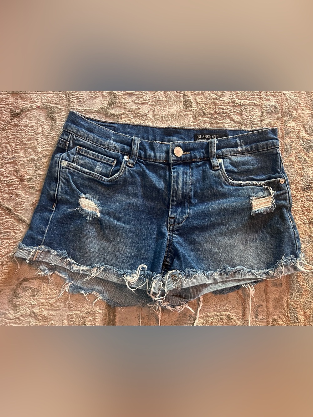 Blank NYC Frayed Hem Distressed Denim Shorts in Blue